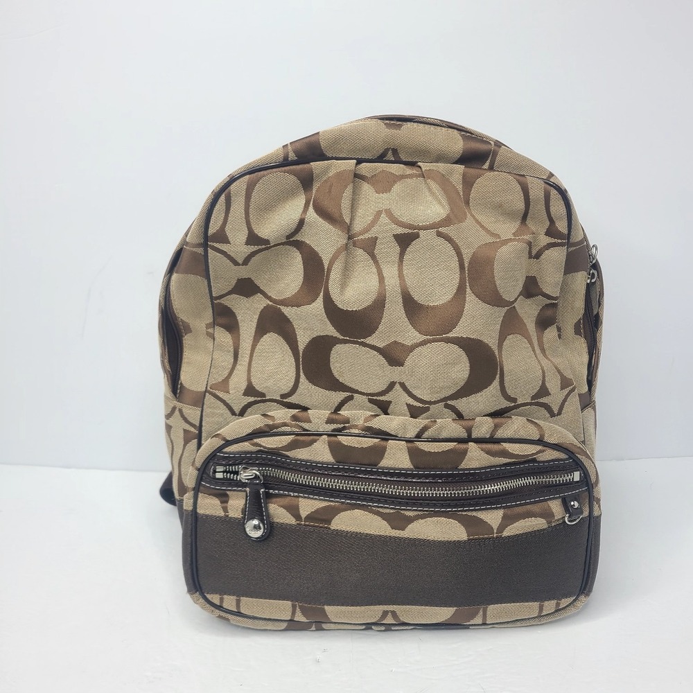 Coach Signature Logo Jaqaurd Fabric Tan‎ And Brown Stripe Backpack